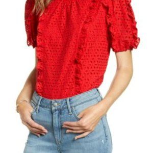 Red Eyelet Puff-Sleeve Blouse - Women's Top